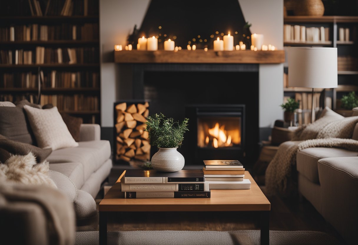 A crackling fireplace illuminates a cozy living room with plush sofas, soft throw blankets, and a warm color palette. Books and candles adorn the coffee table, creating a welcoming atmosphere