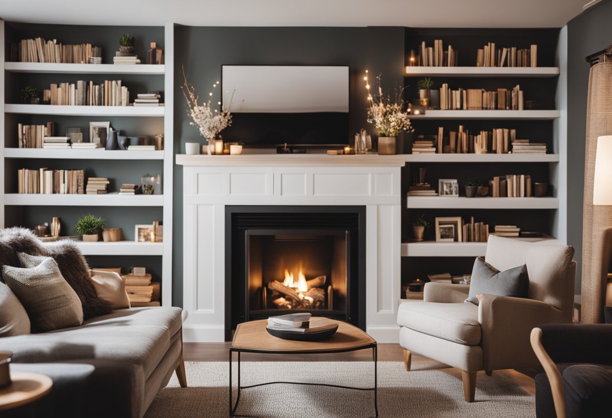 A cozy living room with a fireplace, comfortable seating, warm lighting, and shelves filled with books and decor