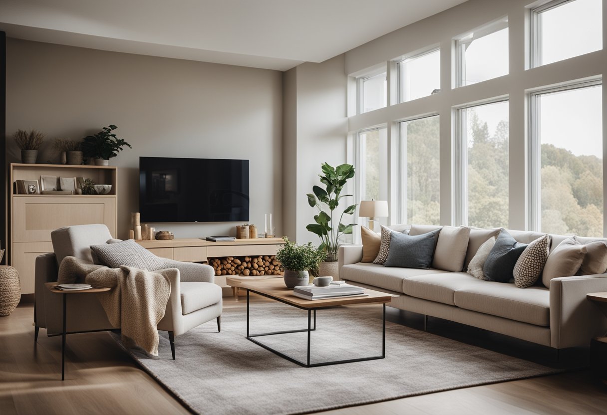 A cozy living room with modern furniture, neutral colors, and a large window letting in natural light
