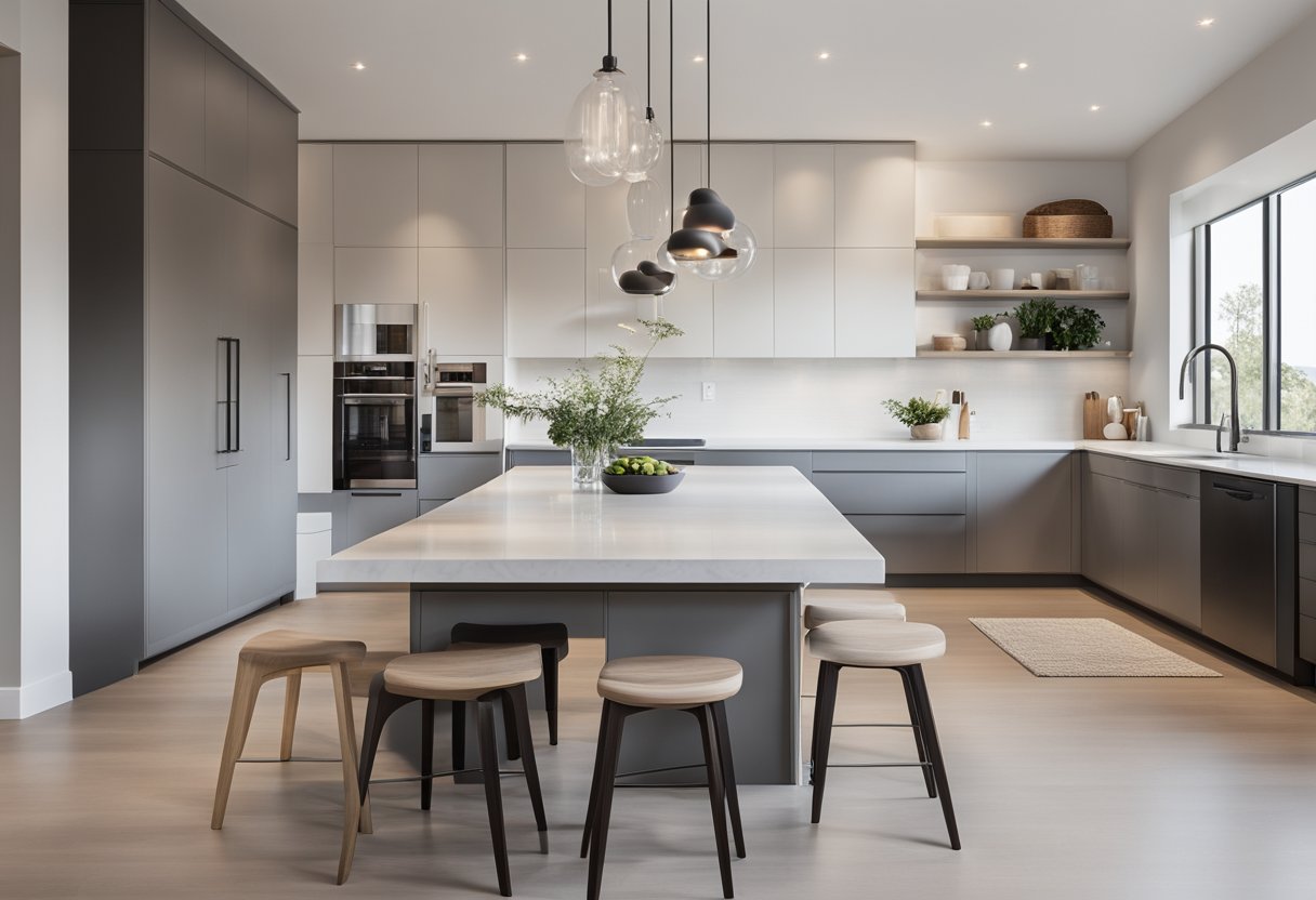 A spacious, open-concept kitchen and living room with sleek, minimalist design. Clean lines, neutral colors, and ample natural light create a contemporary and inviting space