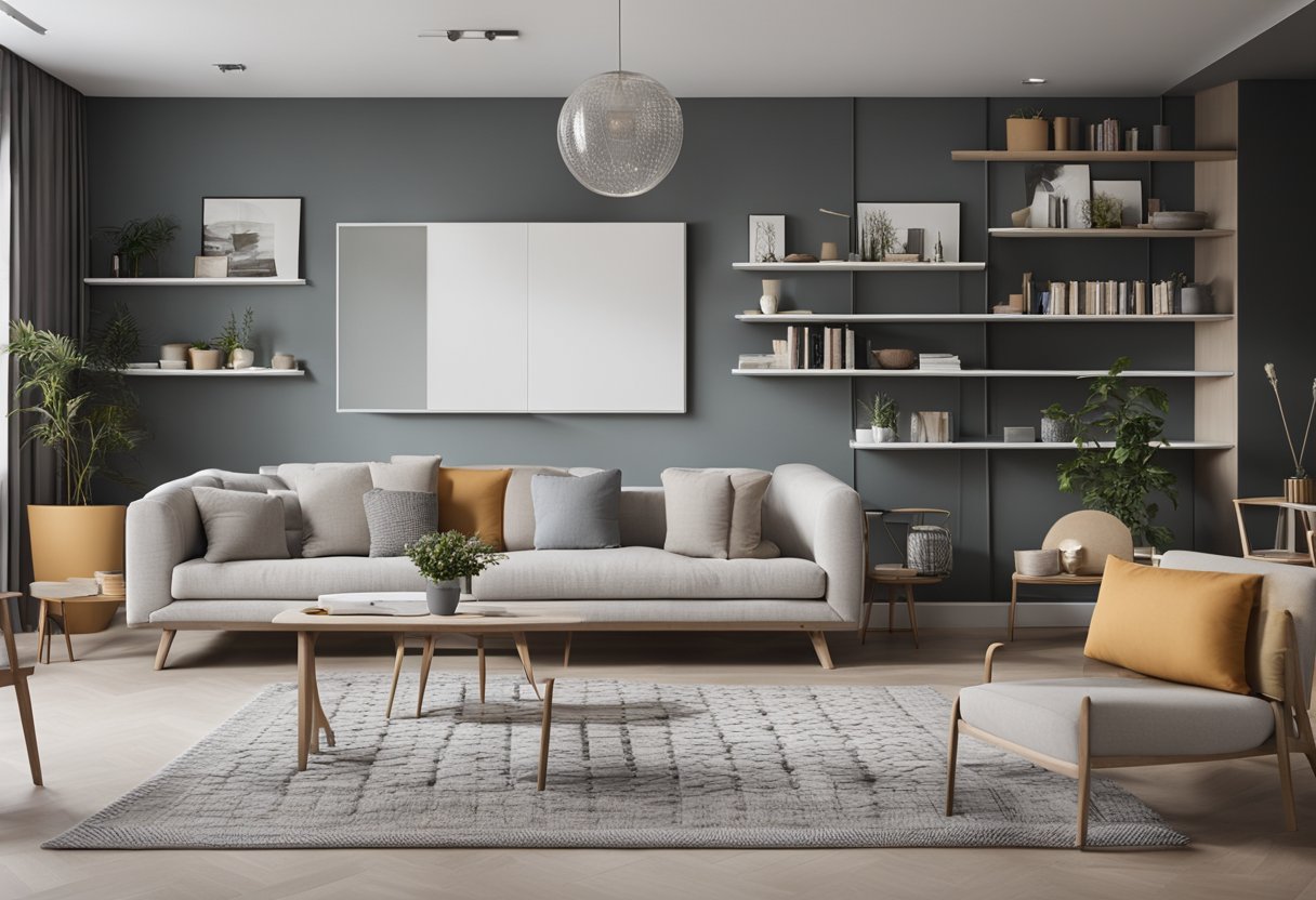 A spacious living room with multi-functional furniture, clever storage solutions, and minimalist decor. A modular sofa, foldable tables, and wall-mounted shelves optimize the space