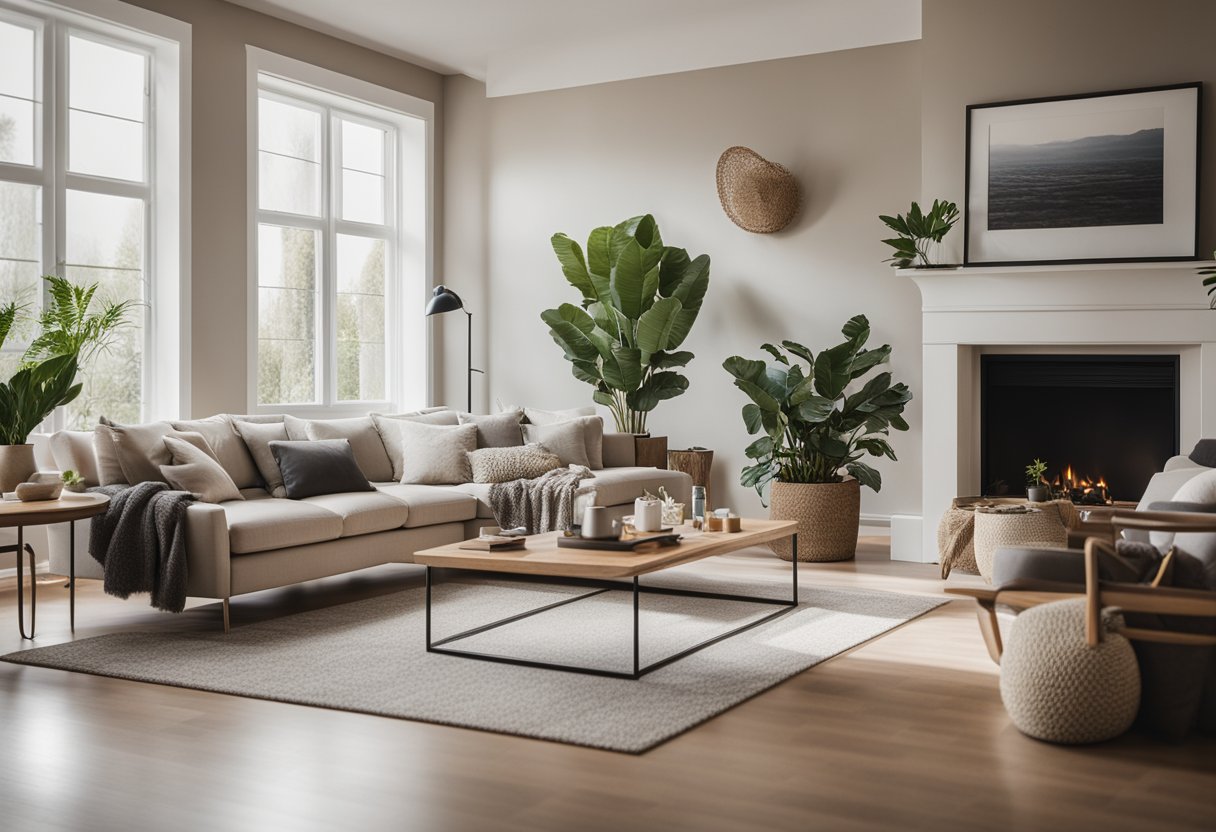 A cozy living room with modern furniture, soft lighting, and neutral colors. Large windows let in natural light, while plants and artwork add a touch of warmth