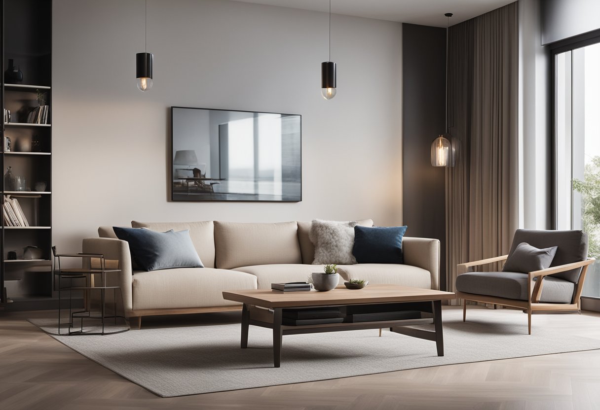 A modern living room with clean lines, minimalistic furniture, and a neutral color scheme. A large window lets in natural light, and a sleek entertainment center sits against one wall