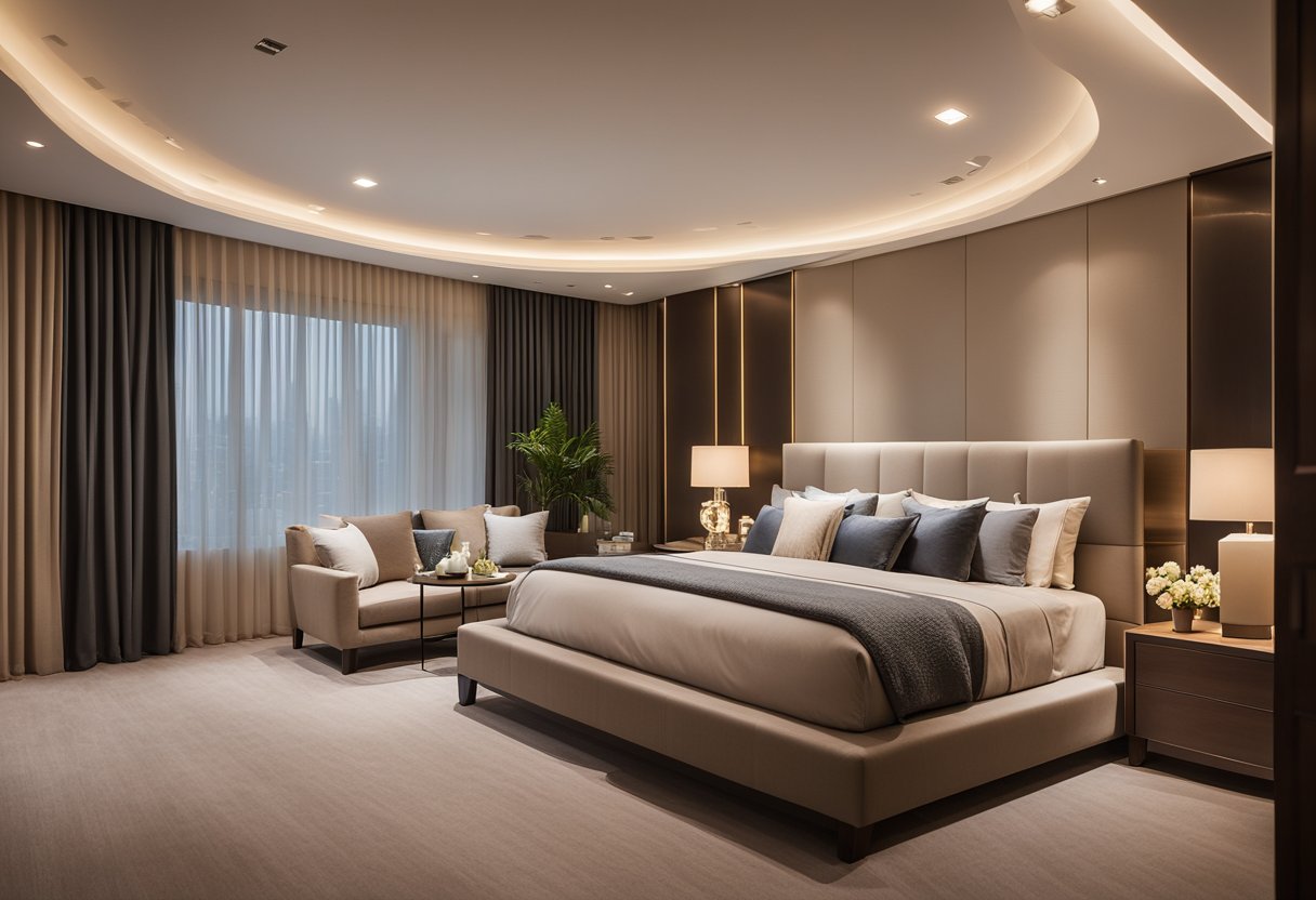 The master bedroom is bathed in warm, soft lighting from recessed ceiling fixtures and elegant bedside lamps, creating a cozy and inviting atmosphere