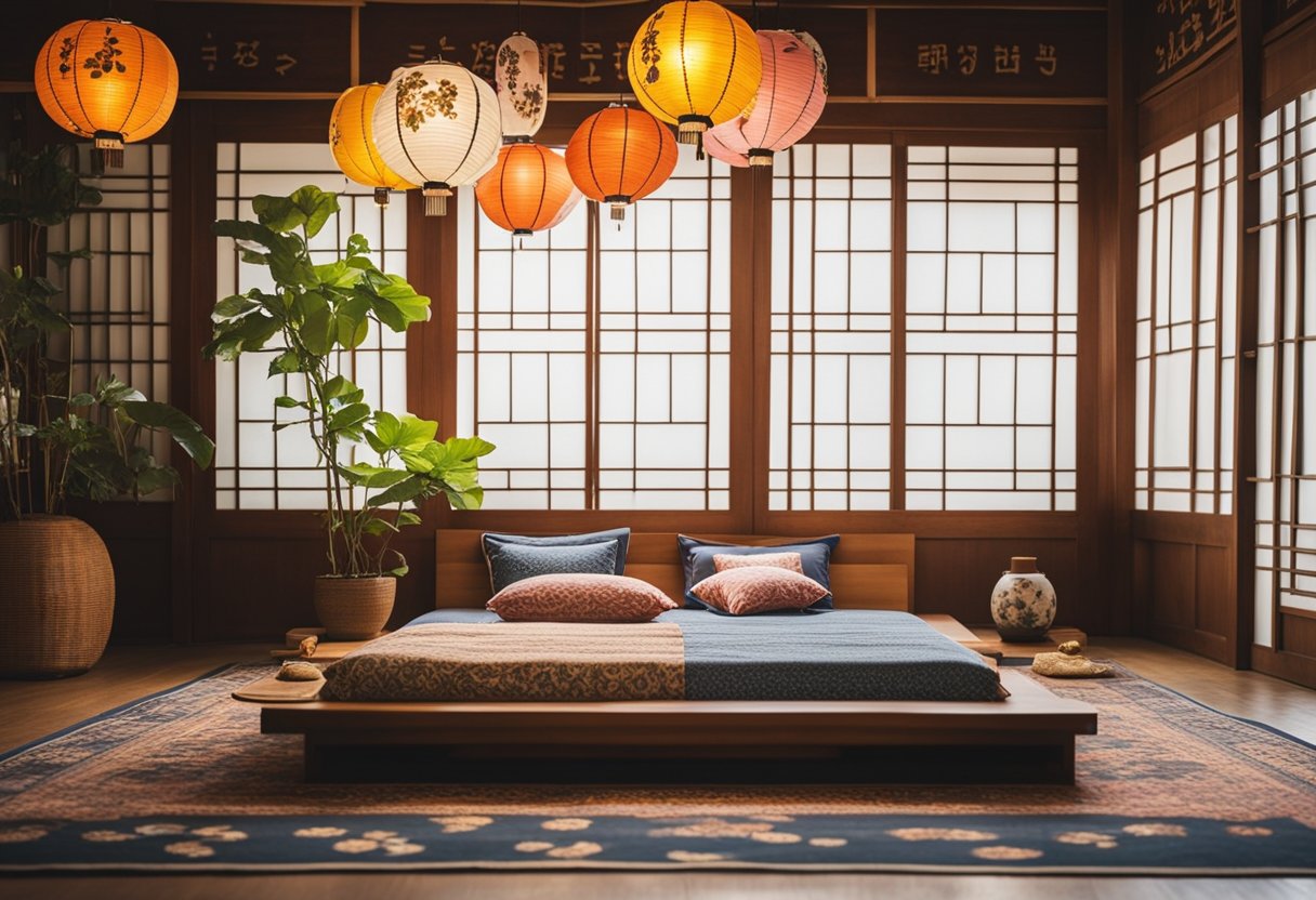 A low wooden bed sits in the center of the room, adorned with colorful patterned bedding and surrounded by paper lanterns and traditional Korean artwork