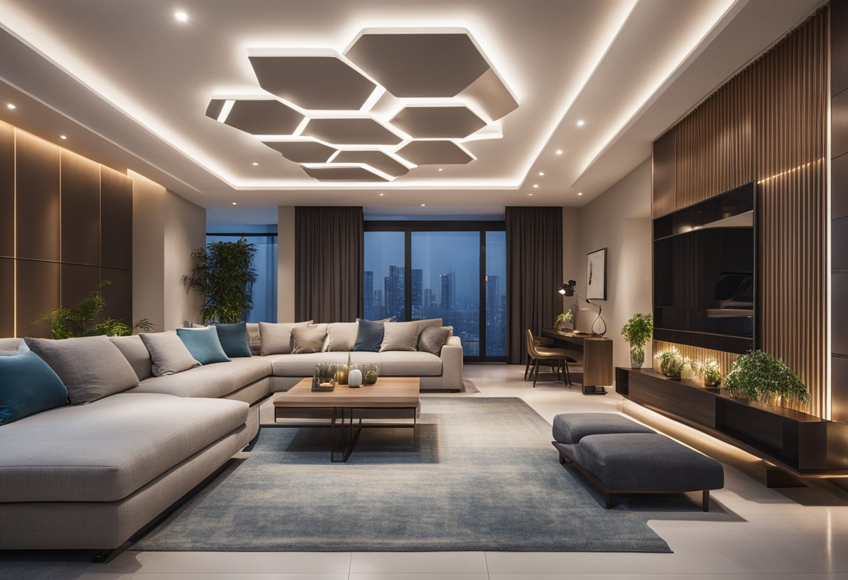 A modern living room with a sleek false ceiling design featuring recessed lighting and geometric patterns