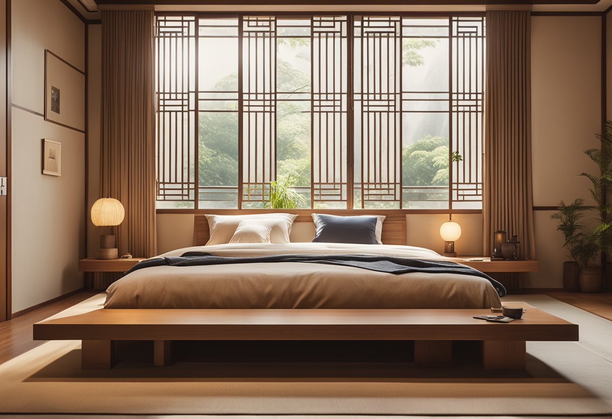 A traditional Korean bedroom with a low platform bed, paper sliding doors, and minimal furniture. A warm color palette and natural materials create a serene and harmonious atmosphere