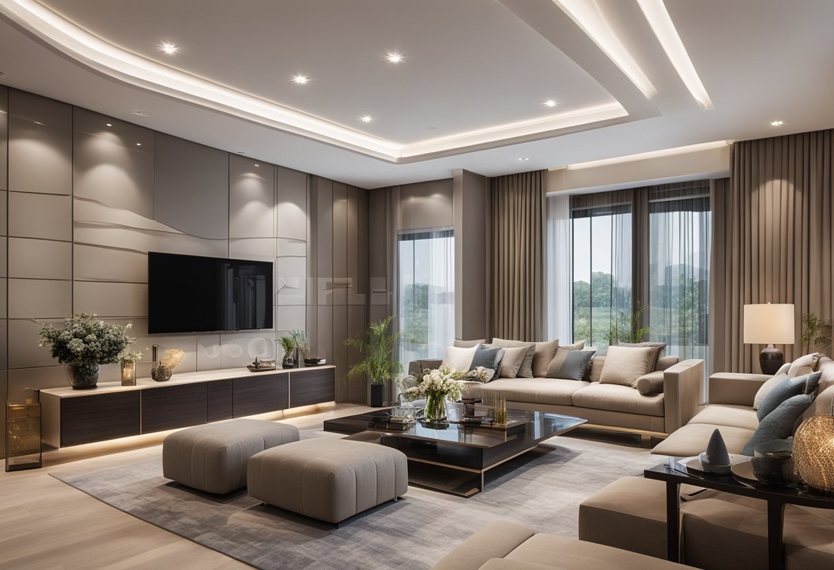 A spacious living room with a modern false ceiling design featuring sleek and elegant materials, such as gypsum, wood, or metal, with integrated lighting