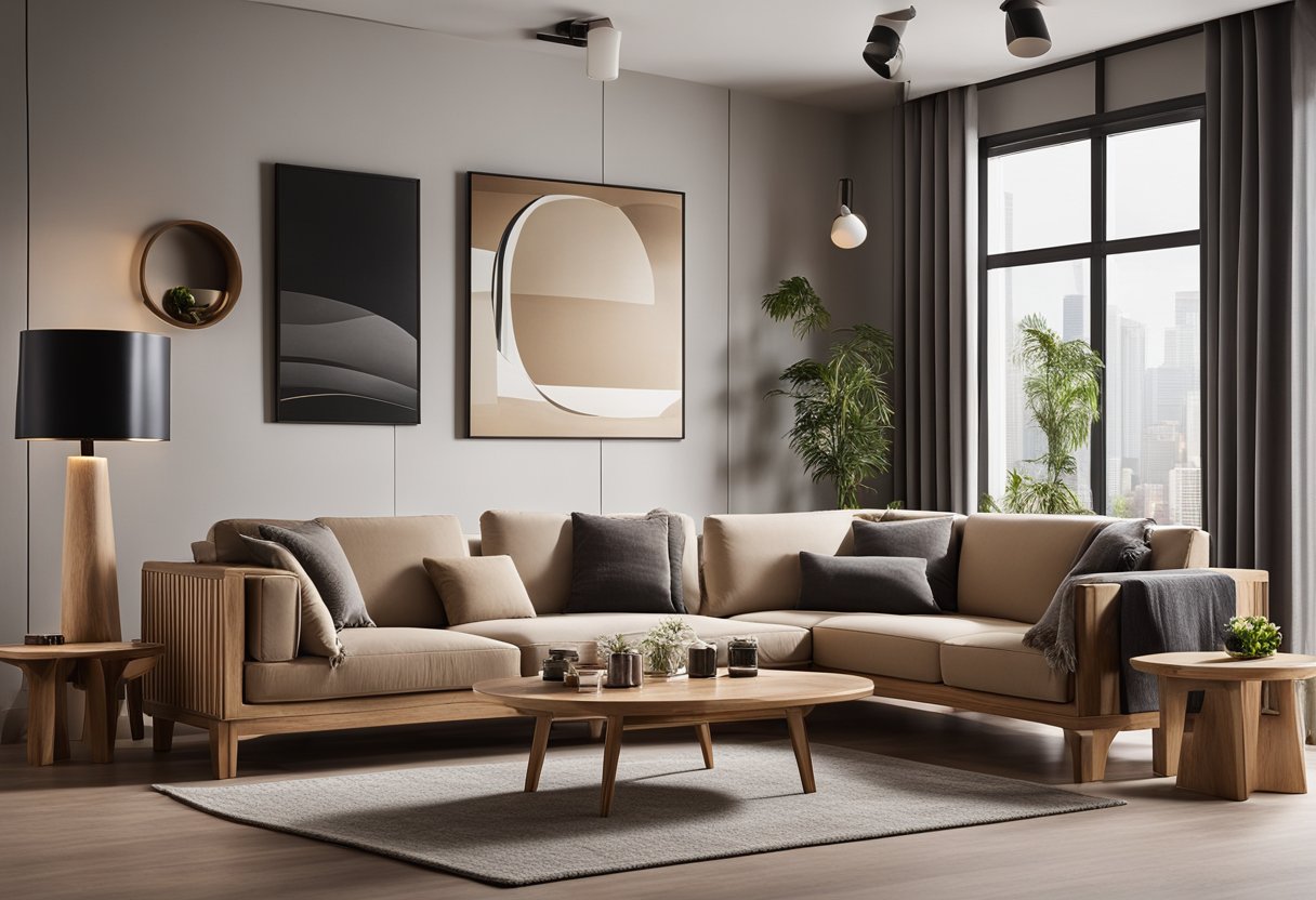 A small living room with a wooden sofa set, featuring sleek and compact designs. Price tags are visible on the furniture pieces