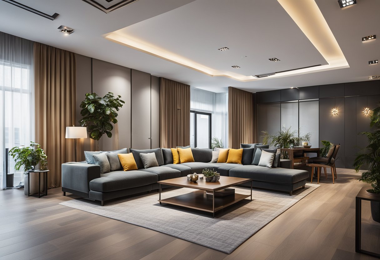 A spacious living room with a sleek false ceiling design, featuring integrated lighting and modern aesthetic appeal