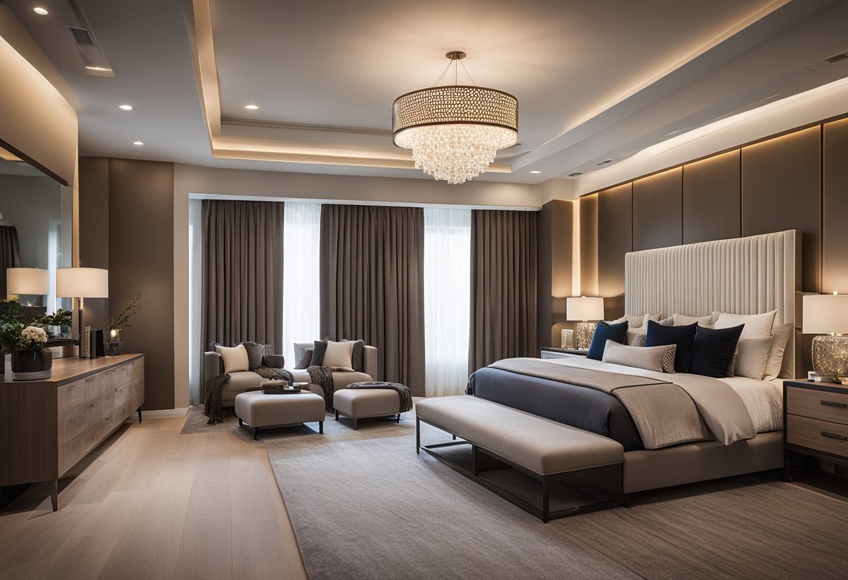The master bedroom is illuminated with a combination of recessed lighting and a statement chandelier, creating a warm and inviting ambiance
