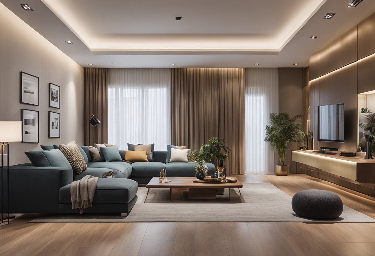 A modern living room with a stylish false ceiling design, featuring clean lines and recessed lighting, creating a sleek and contemporary ambiance