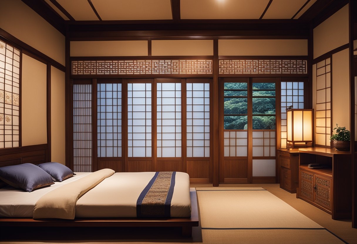 A traditional Korean bedroom with low wooden furniture, paper sliding doors, and warm lighting, adorned with traditional Korean artwork and textiles