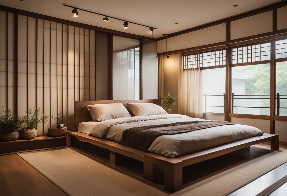 A traditional Korean bedroom with low platform bed, paper sliding doors, and minimal furniture. Warm lighting and earthy tones create a cozy atmosphere
