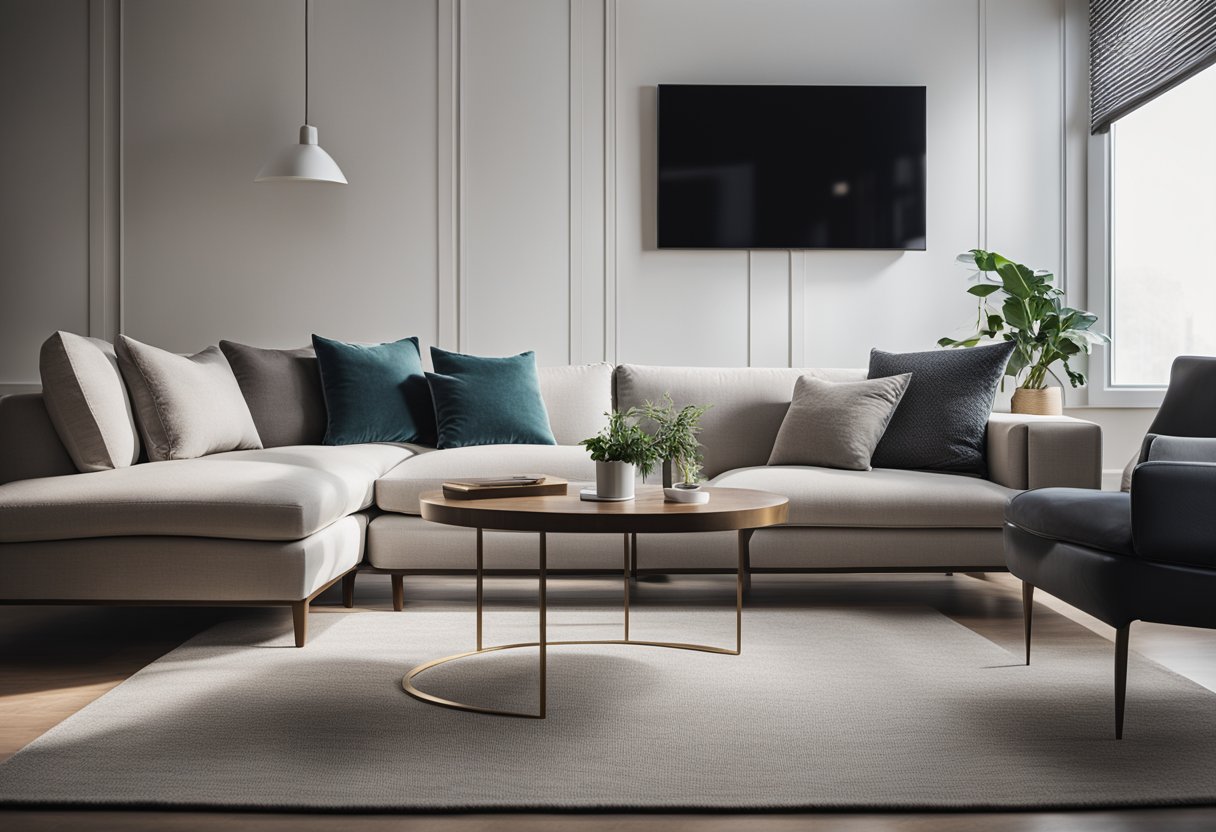 A sleek modern table sits in the center of a stylish living room, complementing the contemporary decor with its clean lines and minimalist design