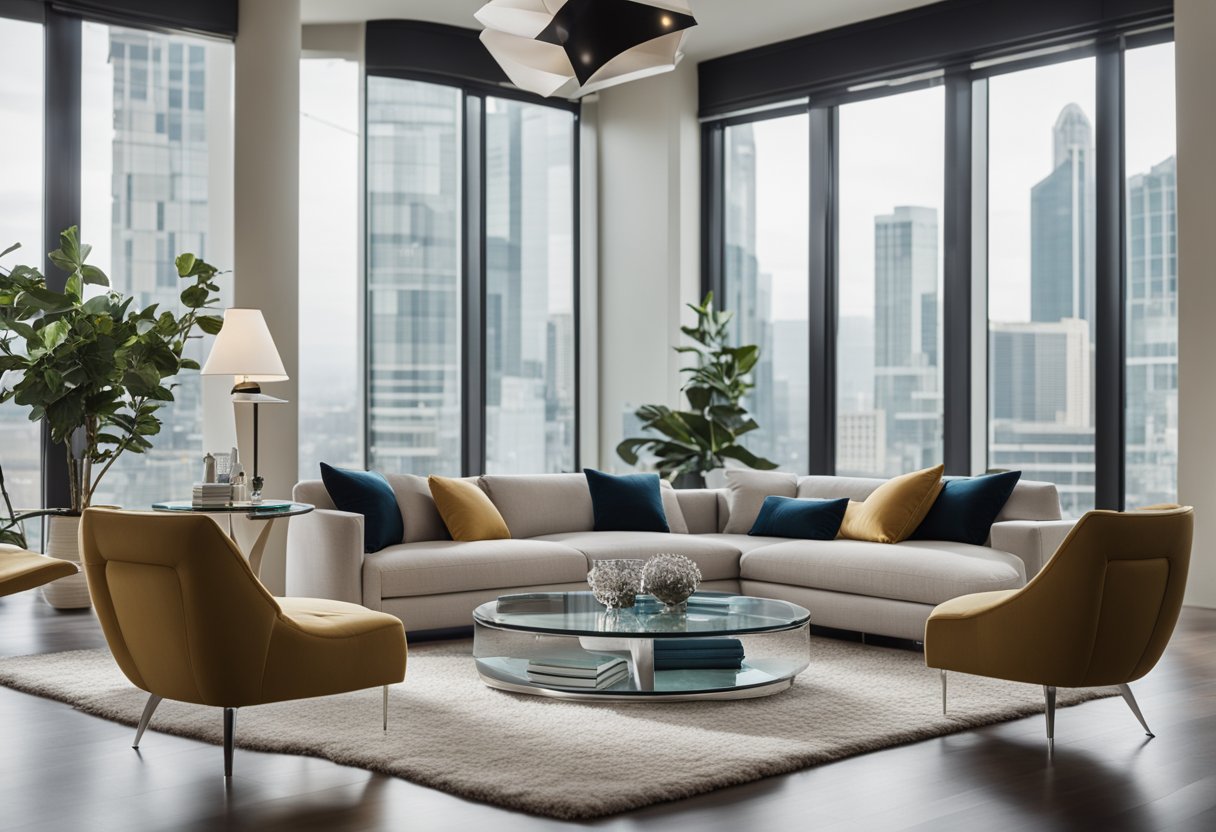 A modern glass table with sleek, chrome legs sits in the center of a contemporary living room, surrounded by a plush sofa and elegant décor