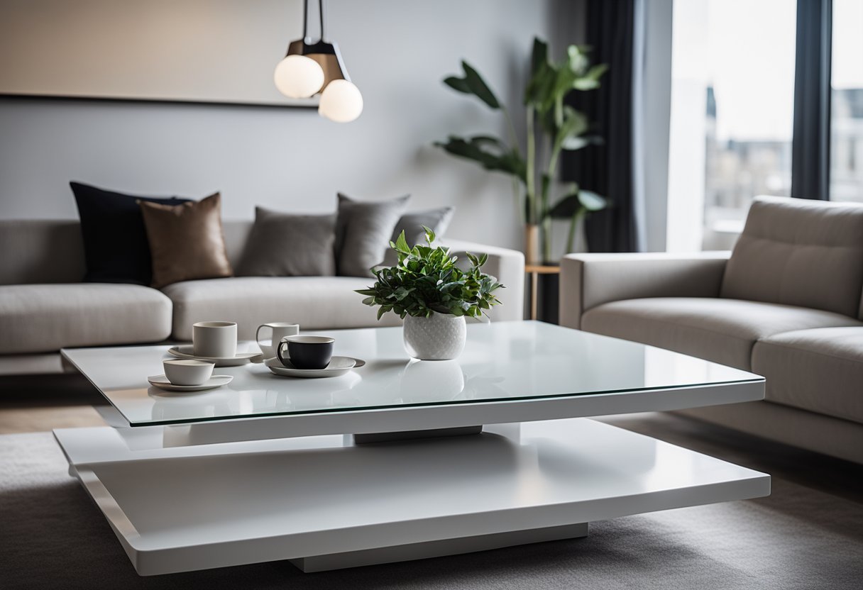 A sleek, minimalist table with clean lines and a glossy finish stands in the center of a contemporary living room, surrounded by modern furnishings and soft lighting