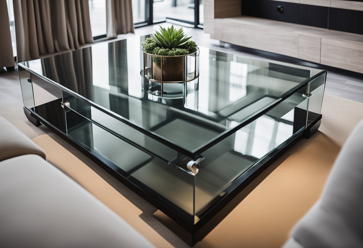 A sleek glass coffee table sits in the center of a modern living room, reflecting the natural light and adding a touch of elegance to the space