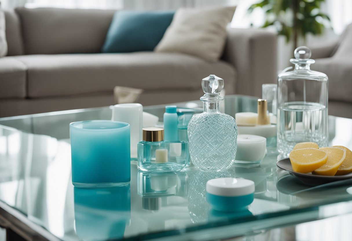 A glass table with decorative accessories and cleaning supplies in a well-lit living room