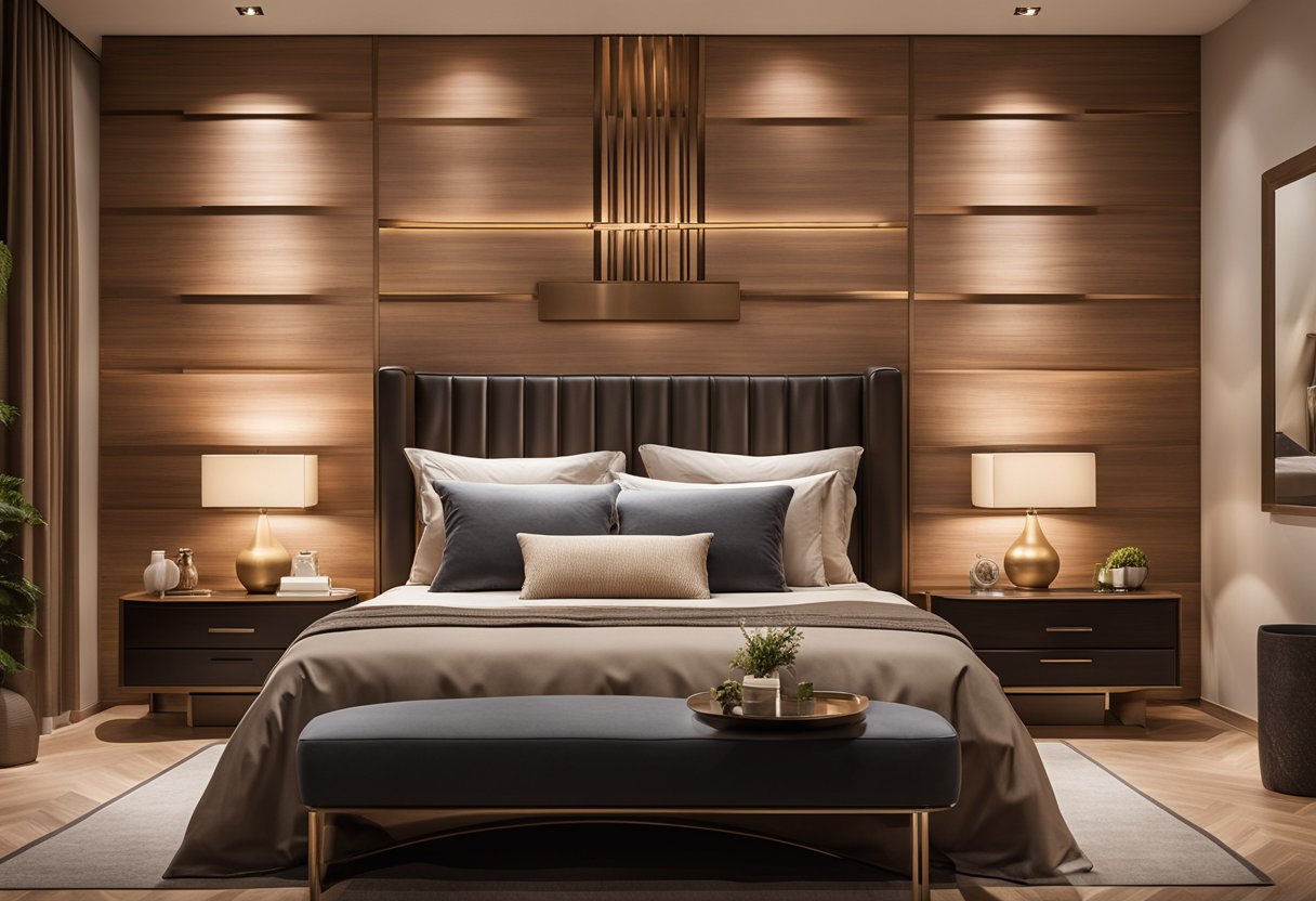 A bedroom with modern veneer designs on furniture and walls. Warm lighting creates a cozy atmosphere