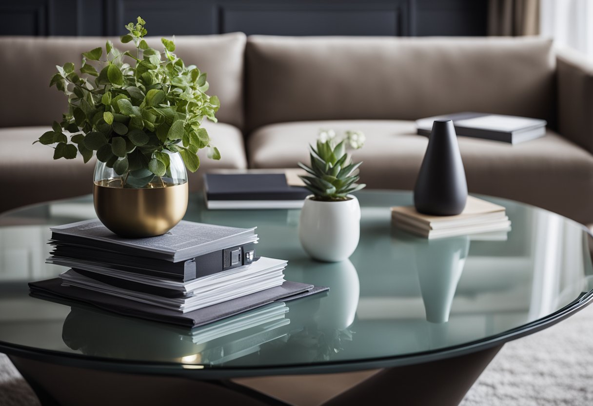 A sleek glass table sits in a modern living room, surrounded by comfortable seating. The table is adorned with neatly arranged stacks of papers and a stylish lamp