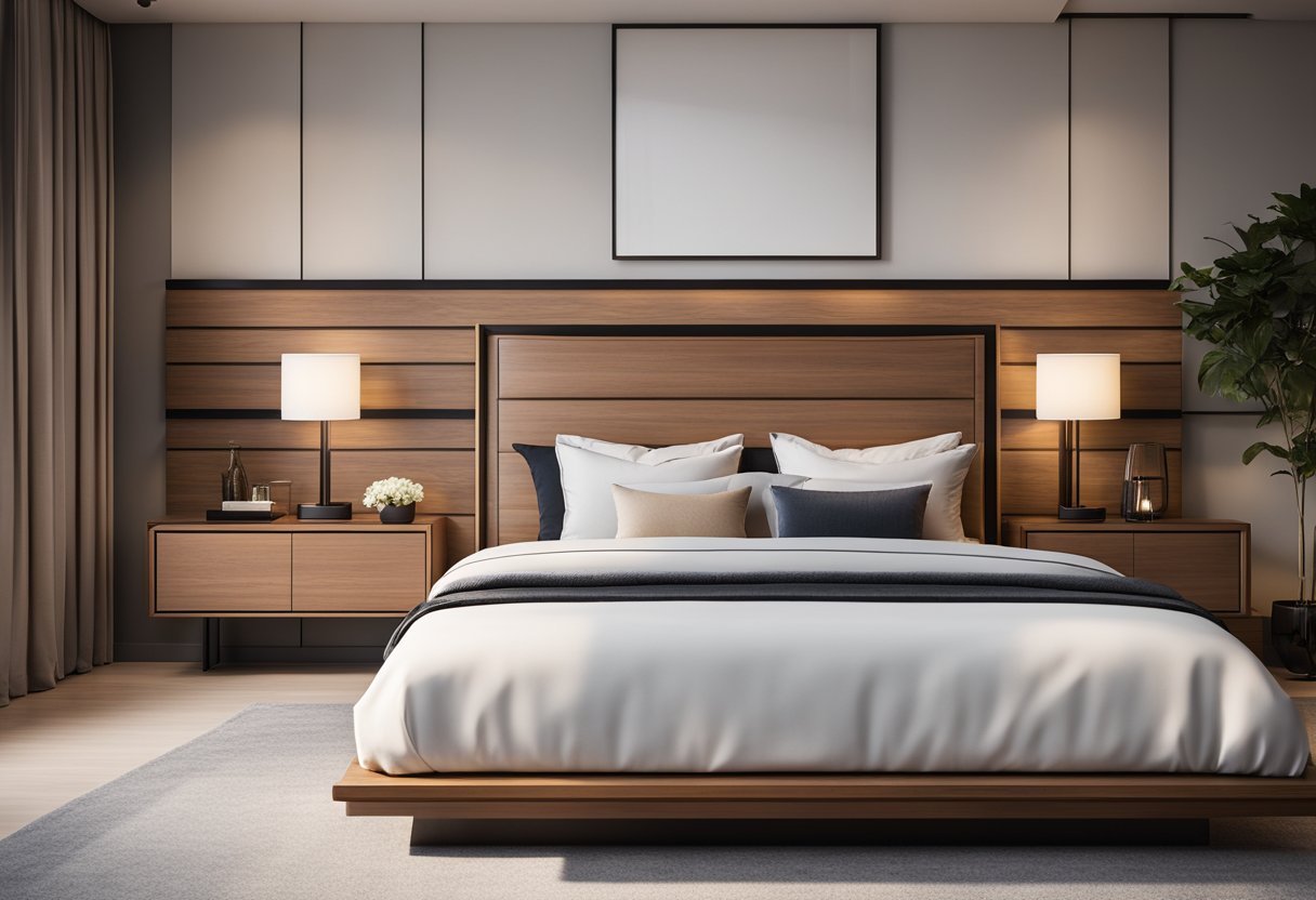 A sleek, modern bedroom with wood veneer accents on the headboard, nightstands, and dresser. Clean lines and minimalist decor create a stylish and inviting atmosphere