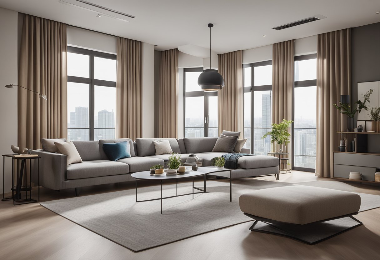 A spacious 5-room BTO living room with a modern and minimalist design. Large windows let in natural light, illuminating the sleek furniture and neutral color palette
