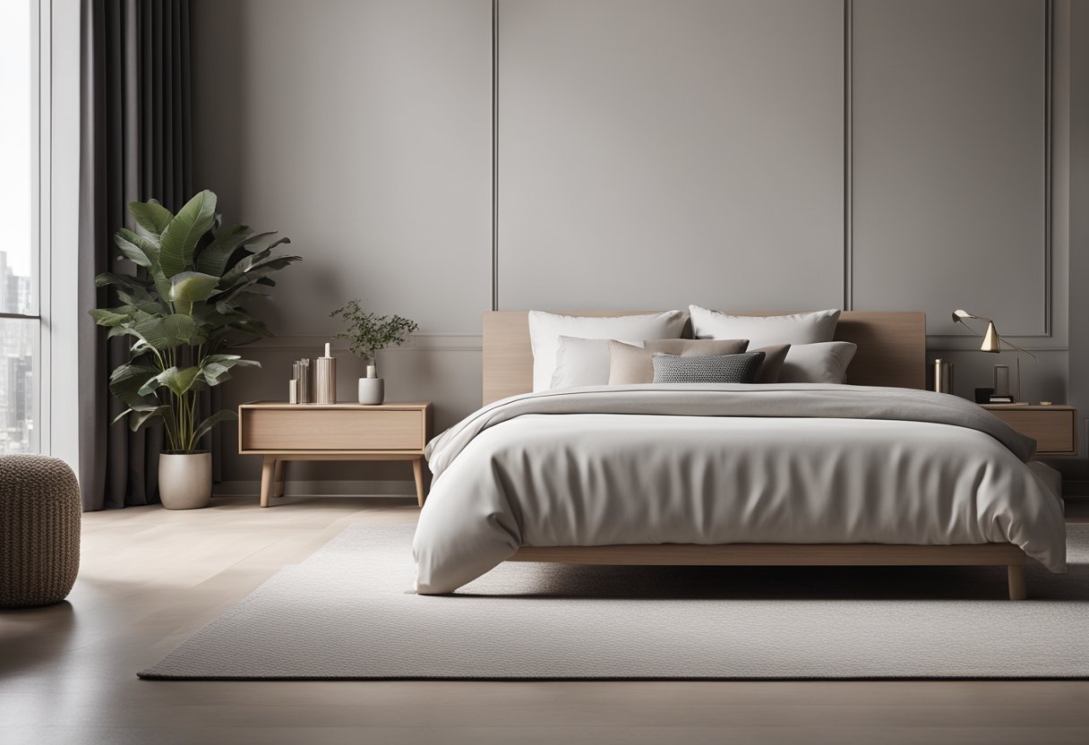 A serene bedroom with clean lines, neutral colors, and uncluttered surfaces. A platform bed with simple bedding, a sleek nightstand, and a geometric rug complete the minimalist design
