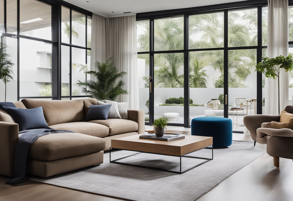 A spacious 5-room living room with sleek, modern furniture, ample natural light, and pops of color in the decor, creating a harmonious blend of functionality and aesthetics