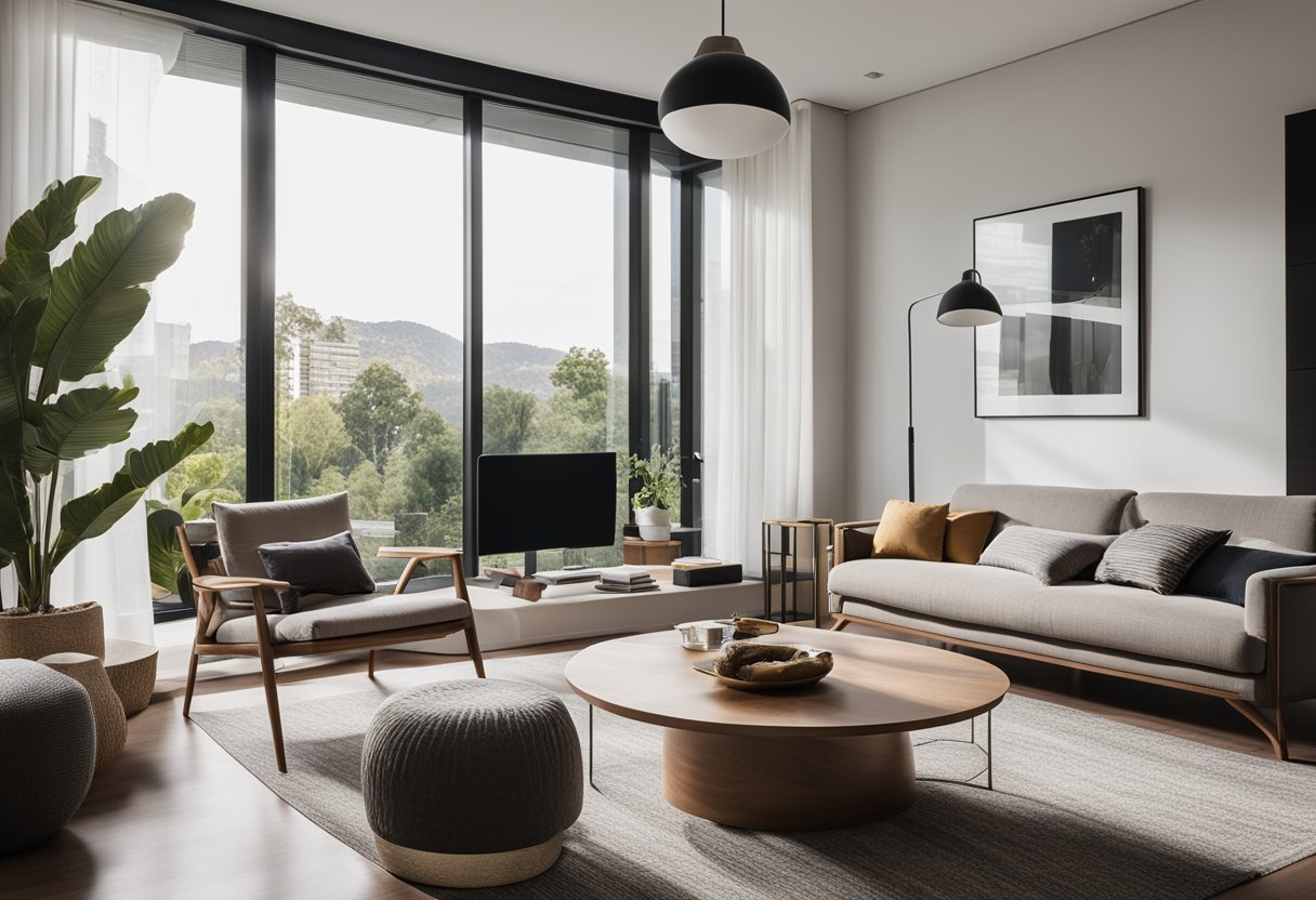 A spacious and modern 5-room living room with comfortable seating, stylish decor, and ample natural light streaming in from large windows