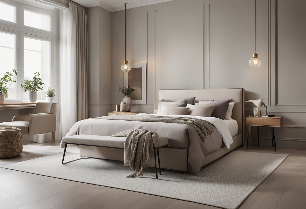 A clean, uncluttered bedroom with neutral tones and simple, sleek furniture. A few carefully chosen decorative elements add a touch of sophistication without overwhelming the space