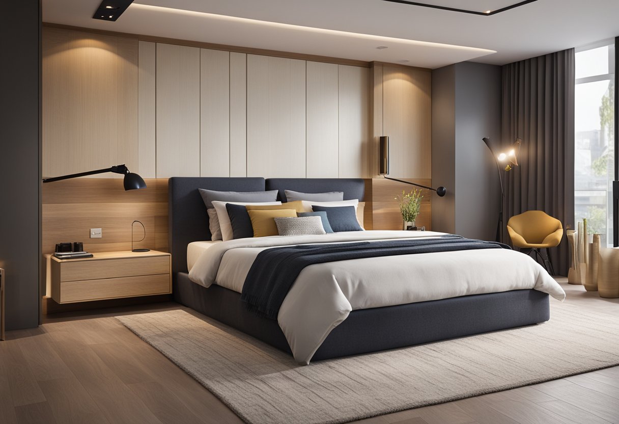 A bedroom with a modern veneer design on the walls and furniture. Tools and materials for installation and maintenance are scattered around the room