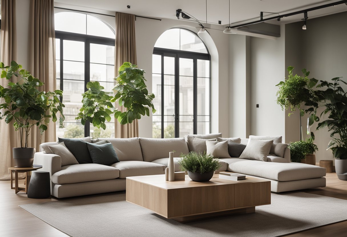 A spacious 5-room living room with modern furniture and a neutral color scheme. Large windows let in natural light, and plants add a touch of greenery