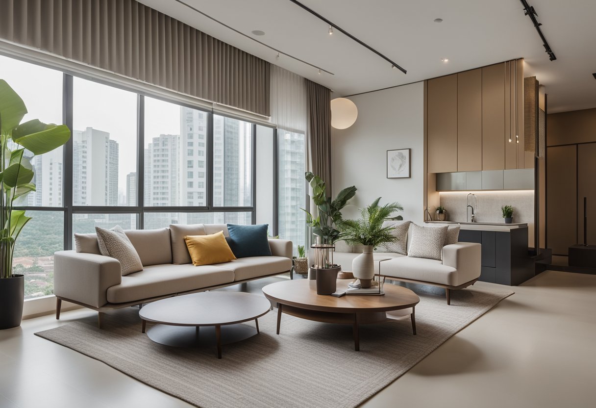 A spacious 5-room HDB living room with modern furniture, large windows, and a cozy rug. The room is bright and airy, with a neutral color palette and minimalist decor
