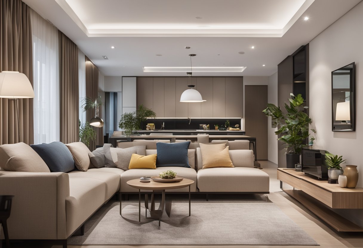 A spacious HDB 5-room living room with modern furniture, a neutral color palette, and strategic layout for optimal flow and functionality