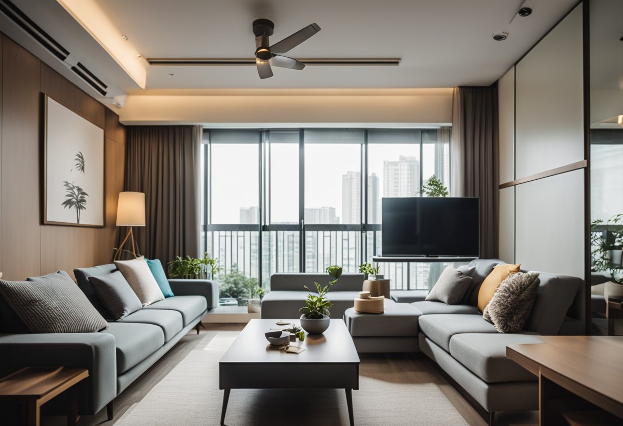 A spacious 5-room HDB living room with modern furniture, cozy lighting, and a minimalist color palette