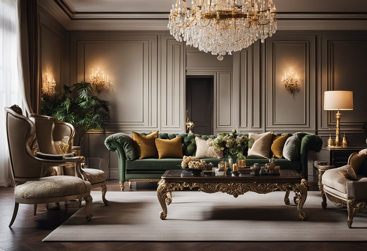 A classic living room with elegant furniture, ornate decorations, and a grand fireplace. Rich colors and luxurious fabrics create a warm and inviting atmosphere