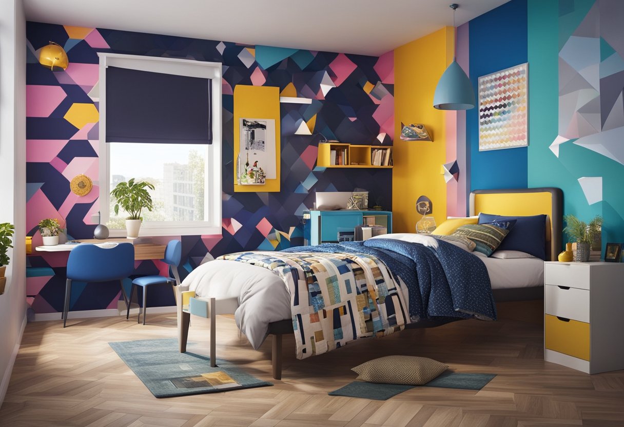 Teenage bedroom with colorful and unique wall designs, featuring personalized elements and vibrant patterns
