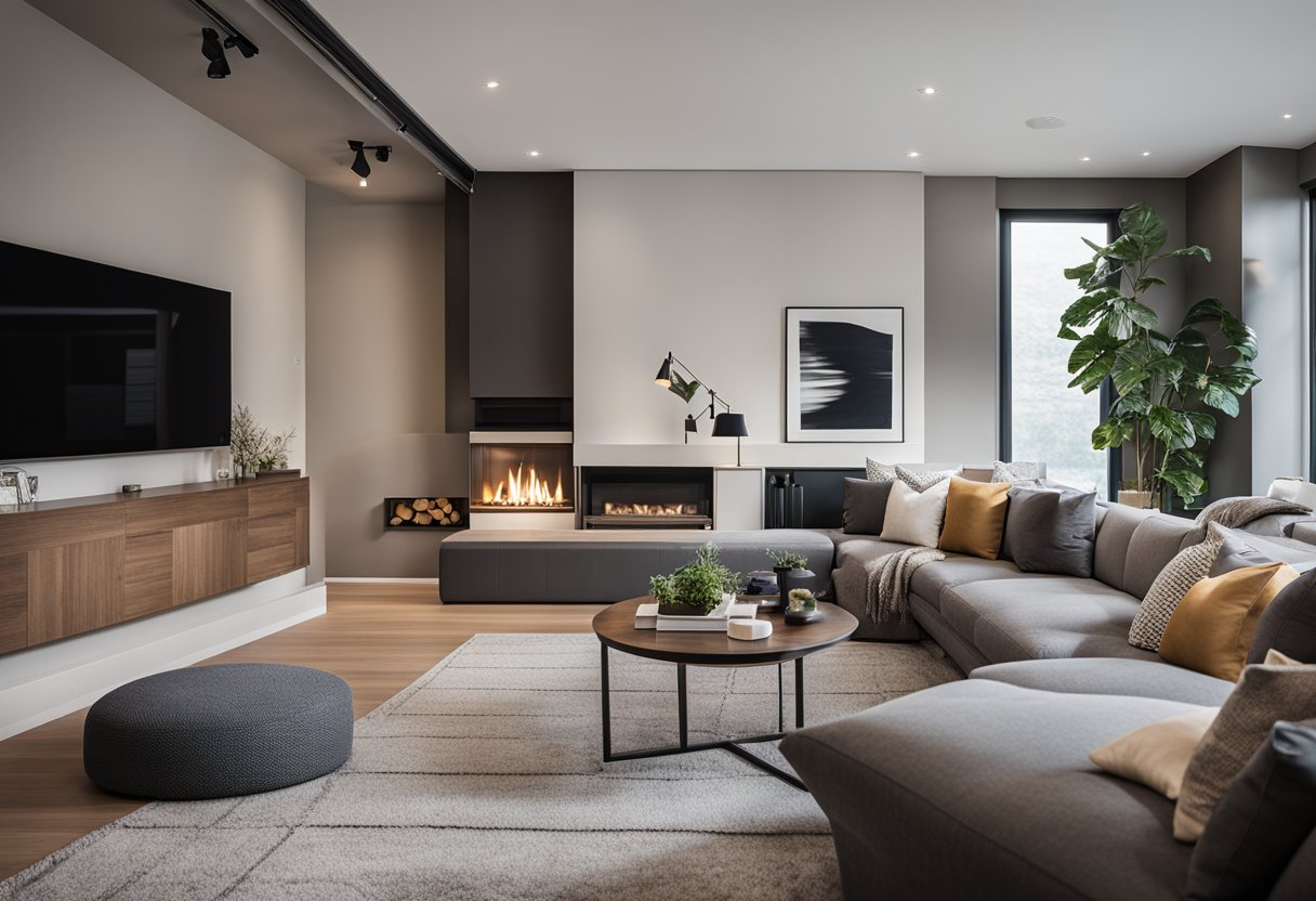 An L-shaped living room with a large, comfortable sectional sofa facing a TV on one wall and a cozy fireplace on the adjacent wall. A coffee table and accent chairs complete the space