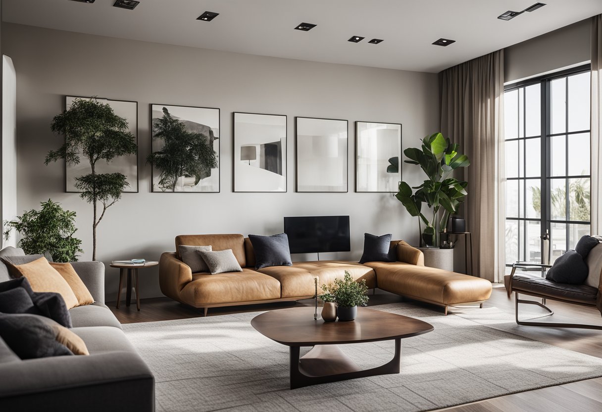 An L-shaped living room with a cozy sectional sofa, a stylish coffee table, and a large area rug. The room is filled with natural light from the windows, and there is a sleek entertainment center along one wall