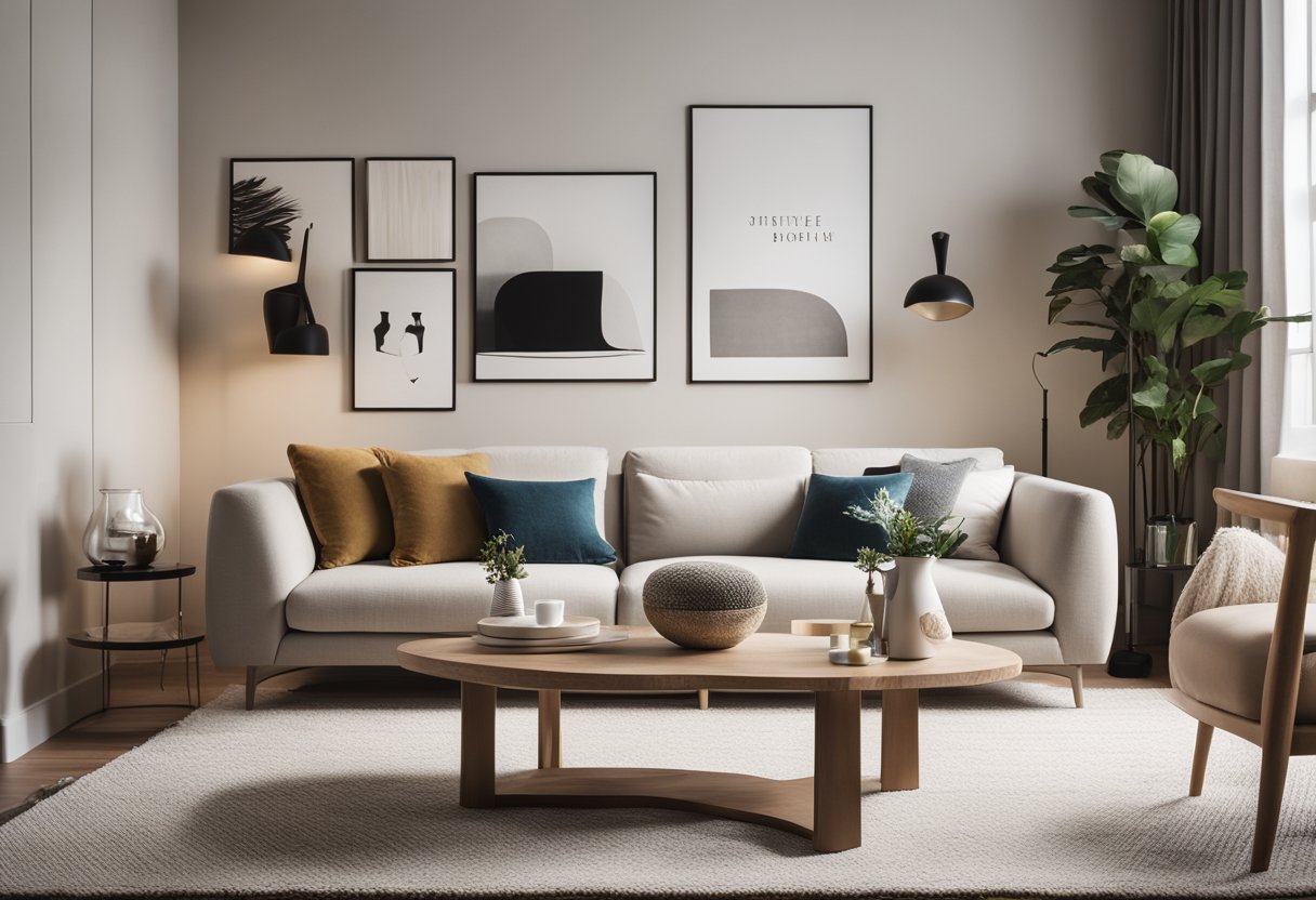 A cozy L-shaped living room with a mix of throw pillows, decorative vases, and personalized artwork on the walls. A plush rug and a stylish coffee table complete the space