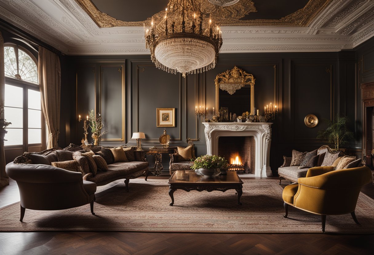 A cozy living room with ornate moldings, a grand fireplace, and elegant furniture arranged around a vintage Persian rug. Rich colors and luxurious fabrics add warmth and sophistication to the space