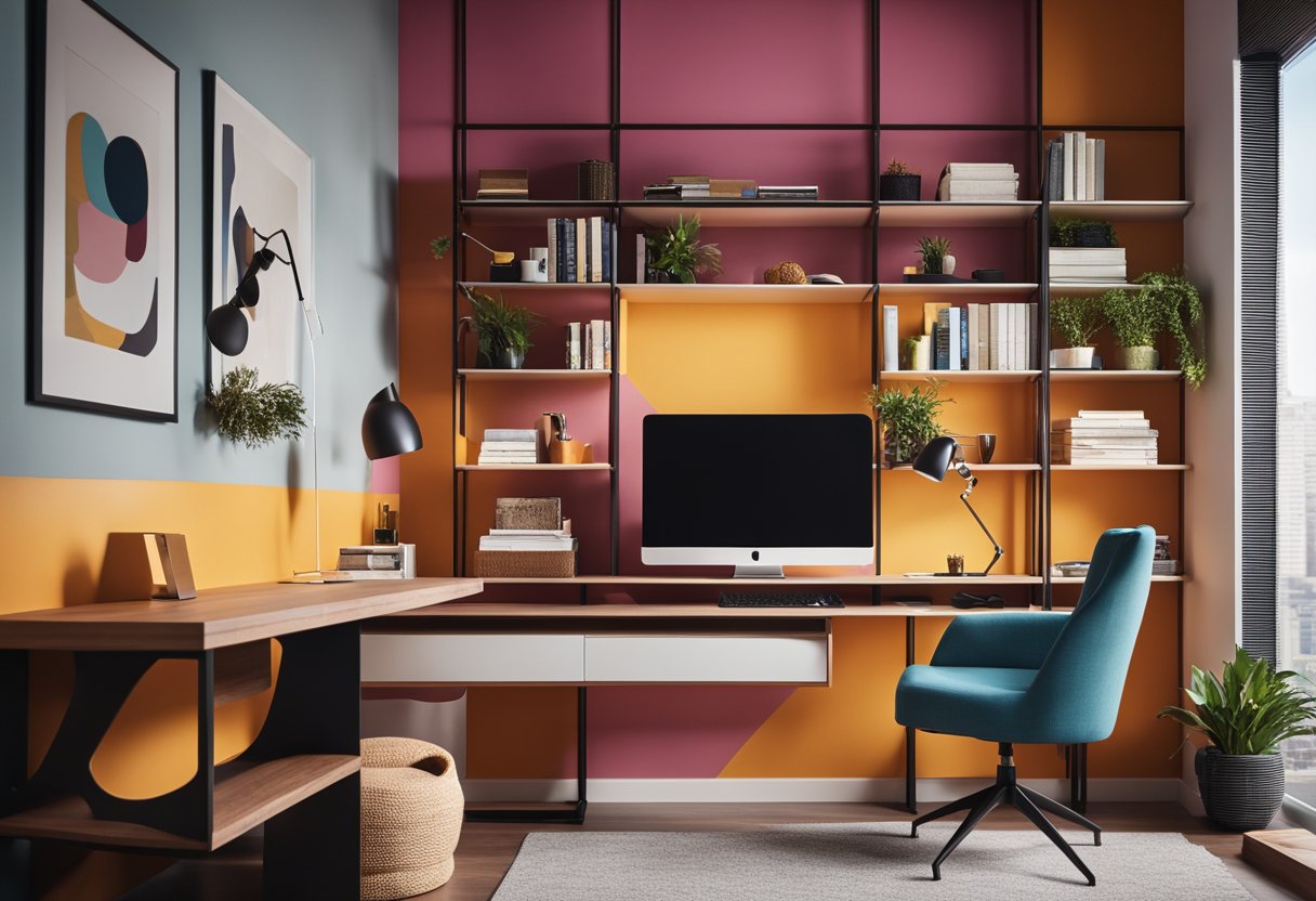 A sleek, modern desk with built-in storage, a cozy reading nook with a hanging chair, and a bold geometric accent wall in a vibrant color scheme