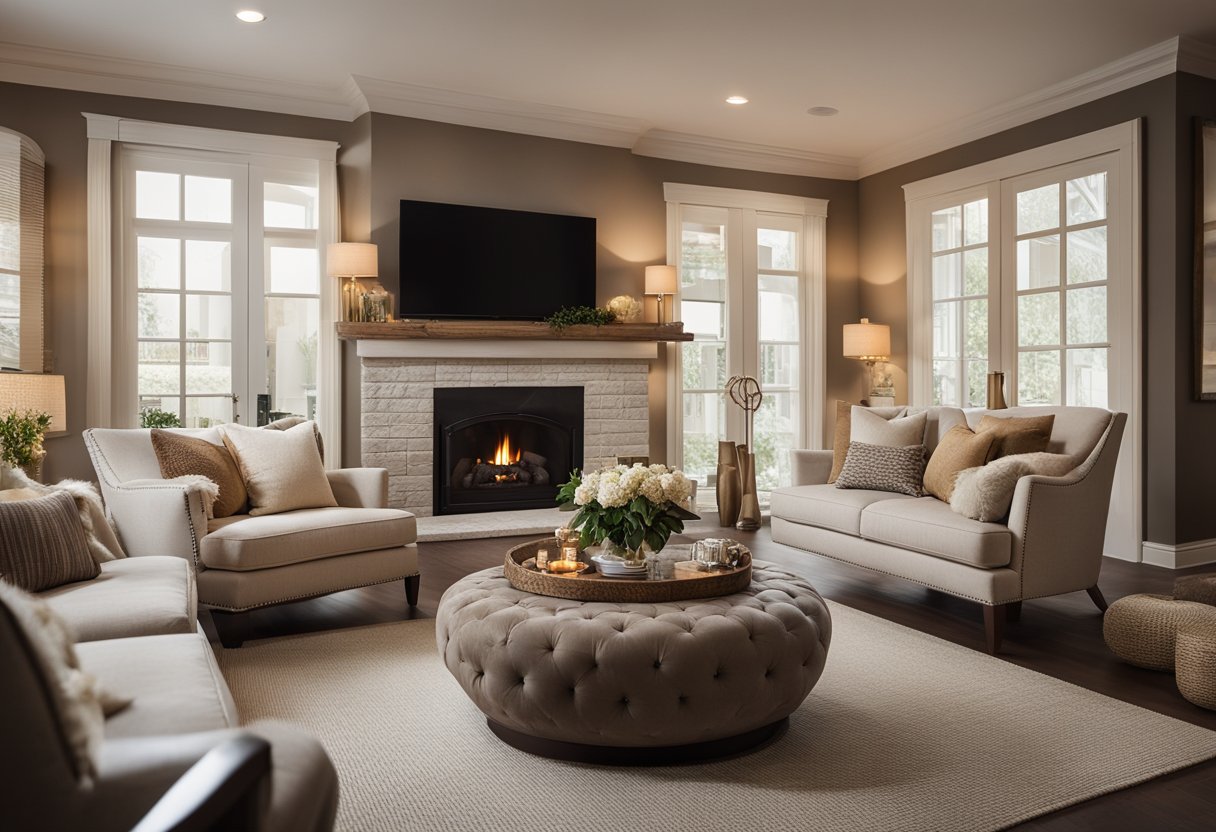 A cozy living room with traditional furniture, warm color palette, and elegant decor. A fireplace serves as the focal point, while soft lighting creates a welcoming atmosphere