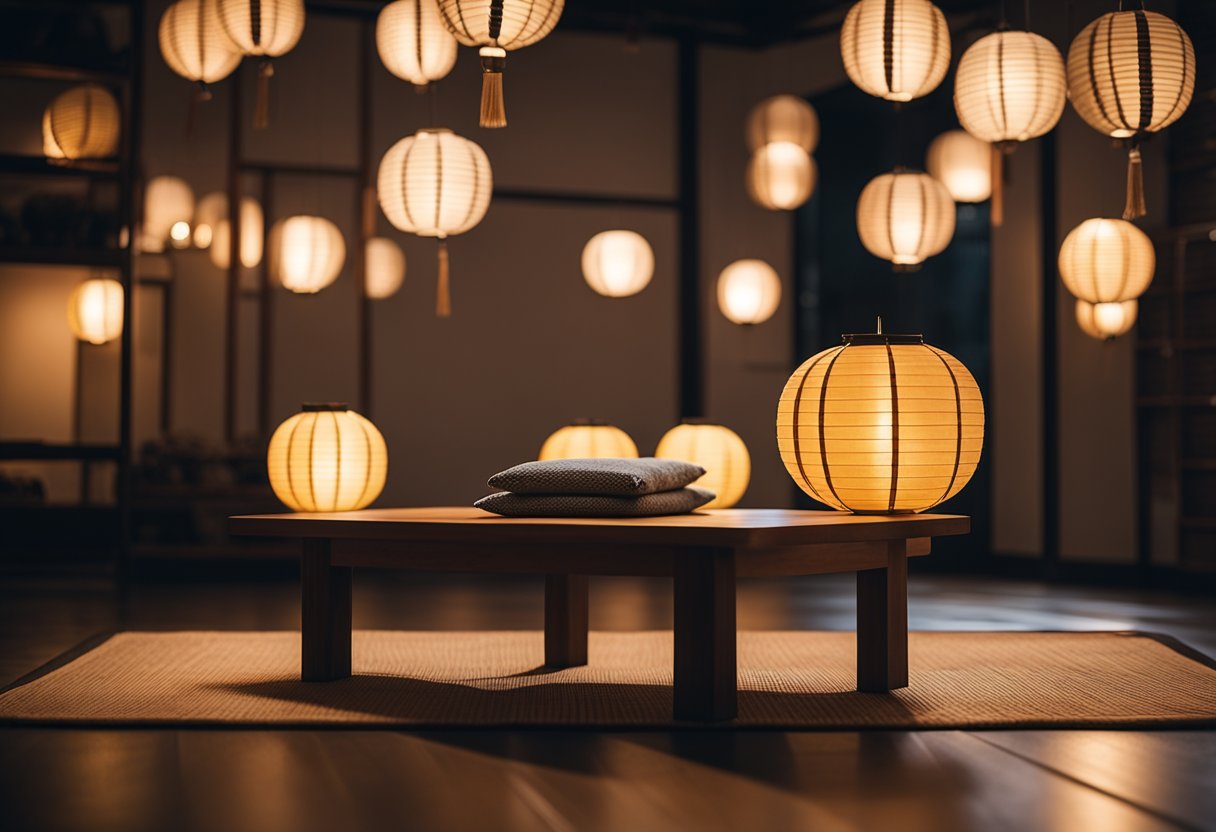 A low wooden table sits on a tatami mat floor, surrounded by floor cushions. Paper lanterns hang from the ceiling, casting a warm glow over the minimalistic yet elegant interior