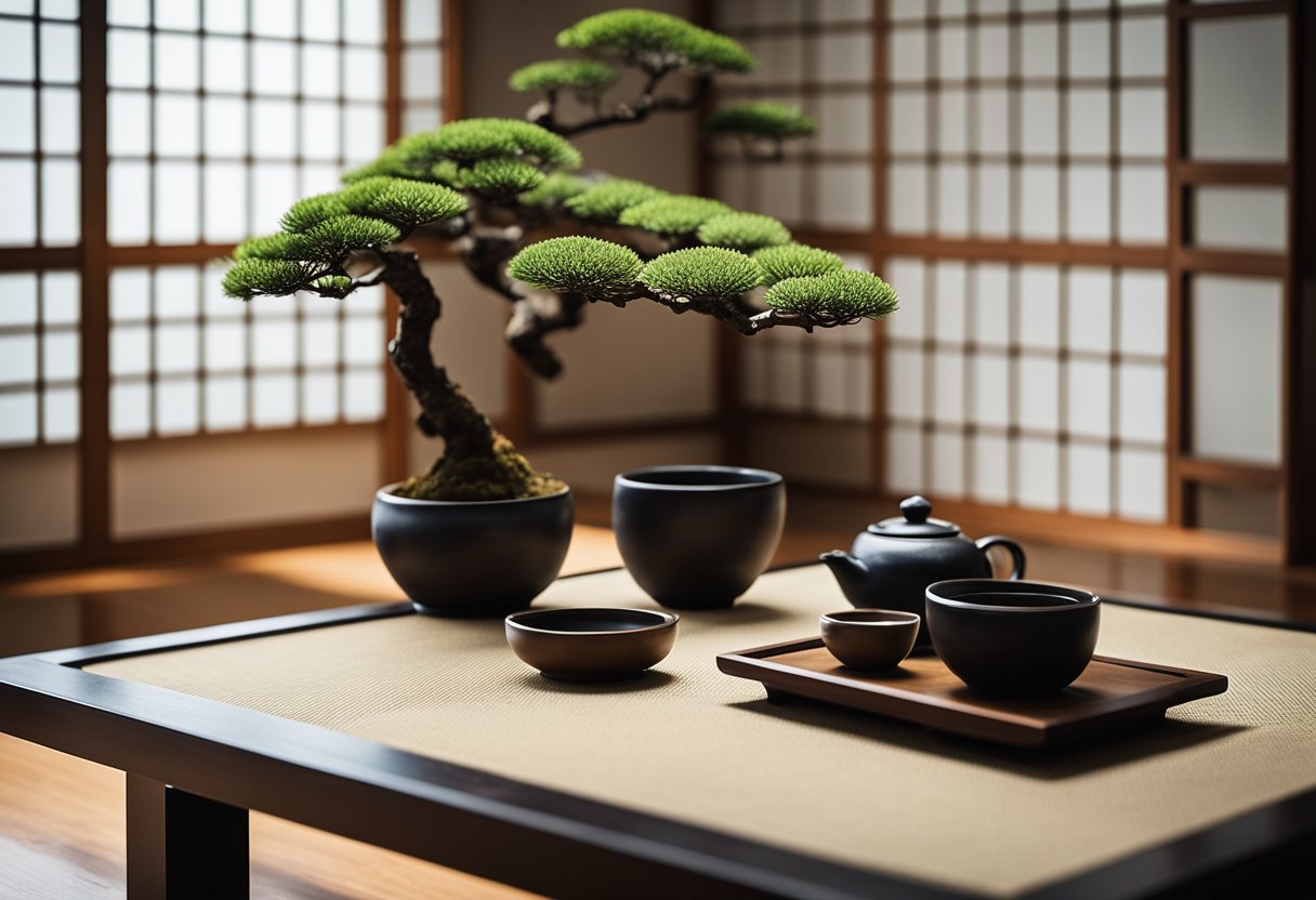 A serene living room with minimal furniture, tatami mats, shoji screens, and a low wooden table adorned with a bonsai tree and a tea set