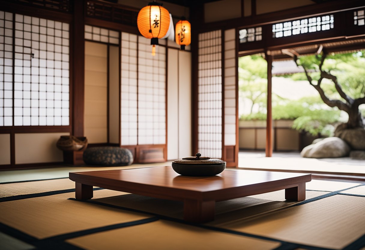 A low wooden table sits in the center of the room, surrounded by floor cushions. Paper lanterns hang from the ceiling, casting a warm glow over the tatami mat flooring. A bonsai tree and a traditional shoji screen complete the serene ambiance