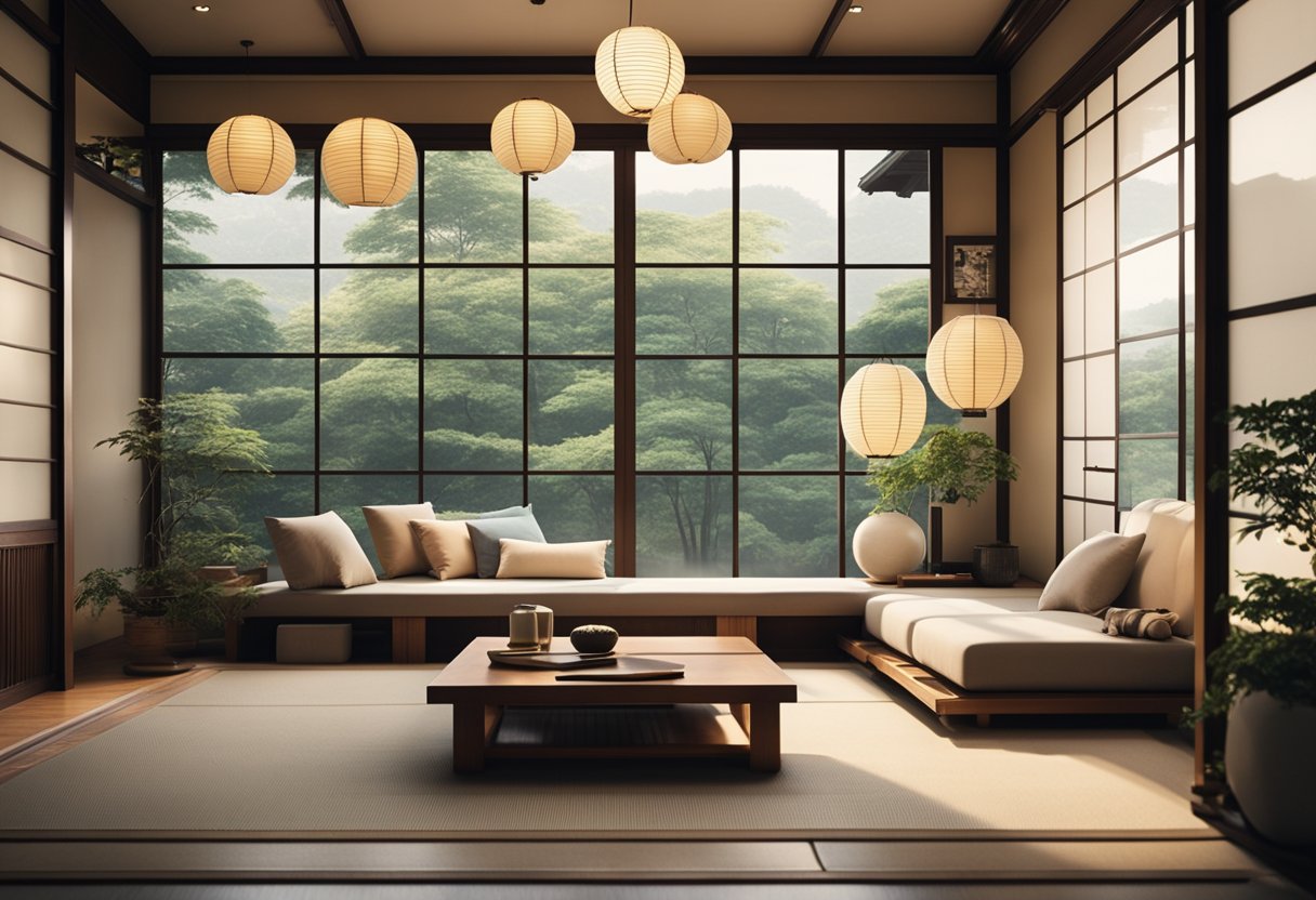 A serene Japanese living room with low seating, paper lanterns, sliding doors, and minimalist decor