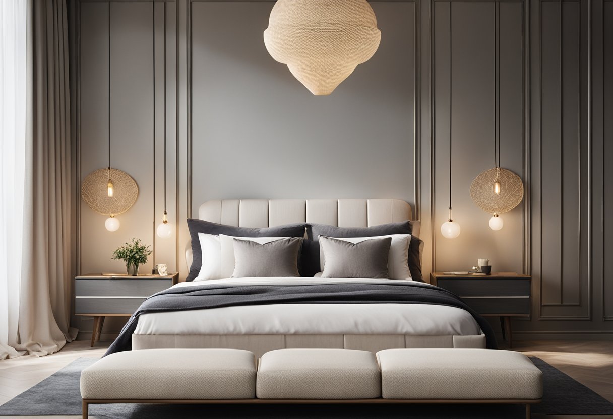 A sunlit bedroom with clean lines, neutral colors, and minimalist furniture. A large, plush bed is the focal point, accented by sleek nightstands and a statement lighting fixture