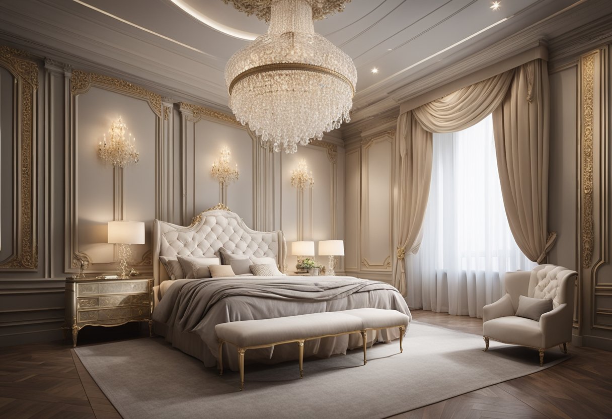 A luxurious bed with a tufted headboard sits against a statement wall with ornate molding. A crystal chandelier hangs from the ceiling, casting a soft glow over the elegant furnishings and plush textiles